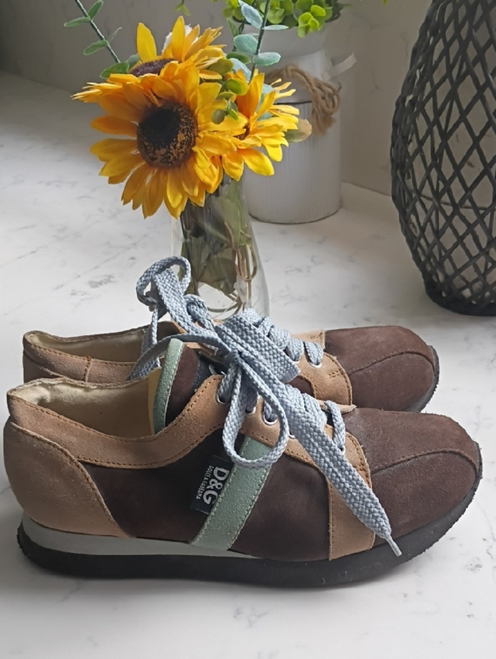 D&G Brown and Green Suede Sneakers with Light Blue Laces